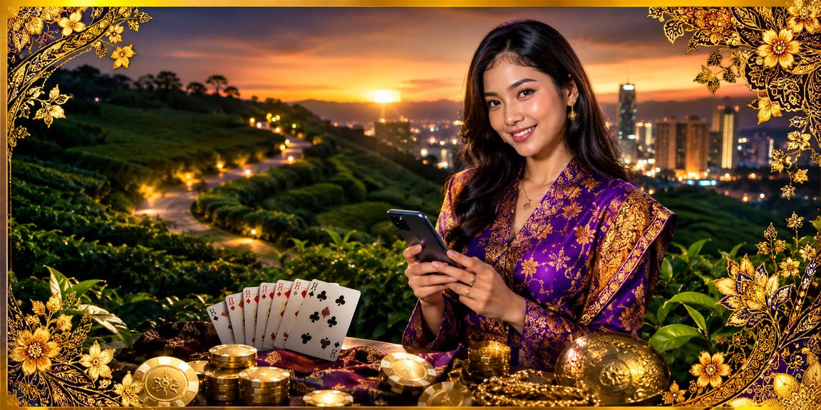 Permainan kad rummy dengan motif batik Malaysia dalam suasana hiburan tempatan